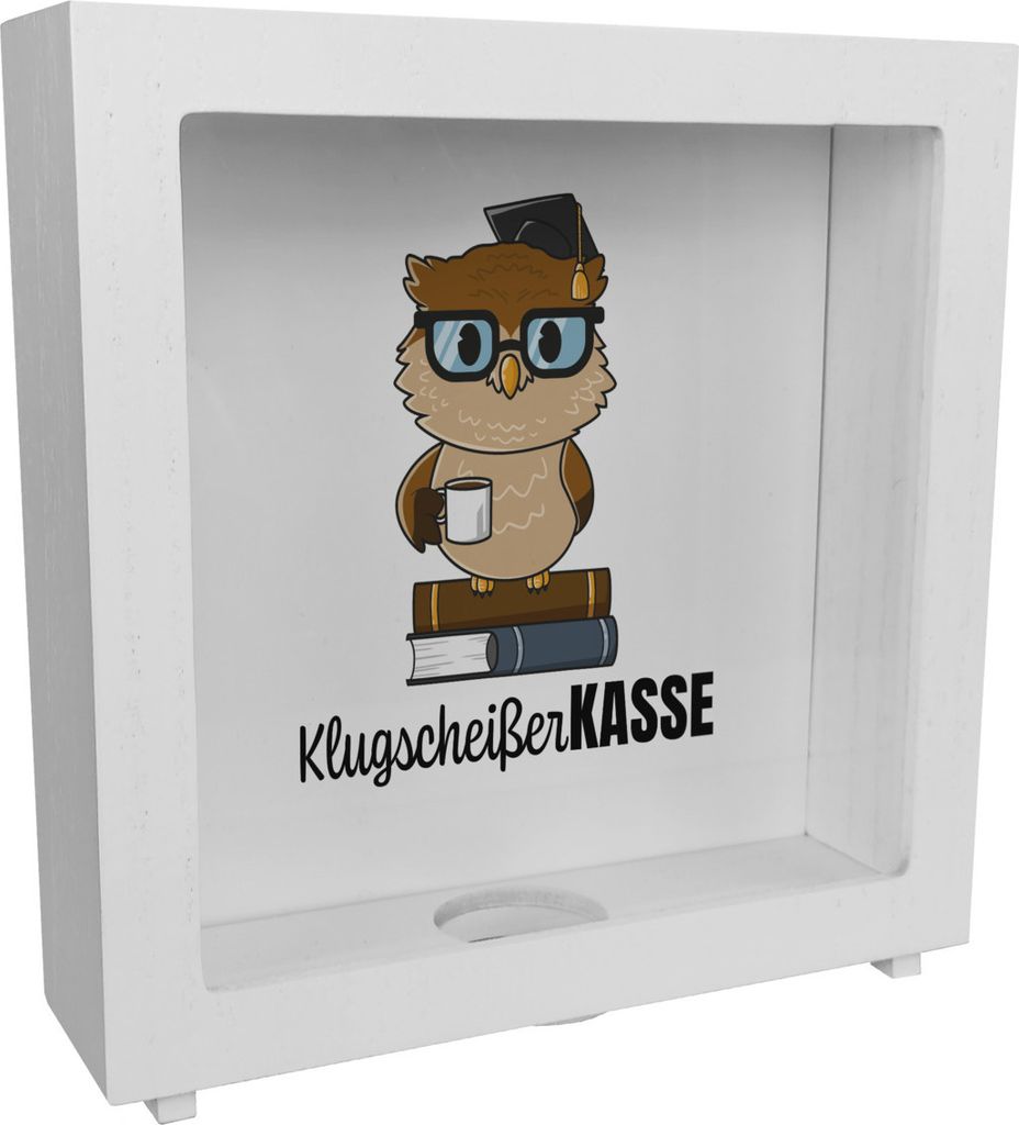 Eule Rahmen Spardose aus Holz mit Spruch Klugscheißer-Kasse