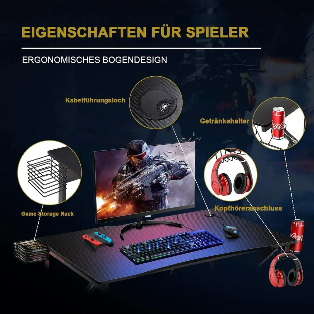 Bureau Gaming Ergonomique 115cm Noir : Setup Complet avec Support Écran