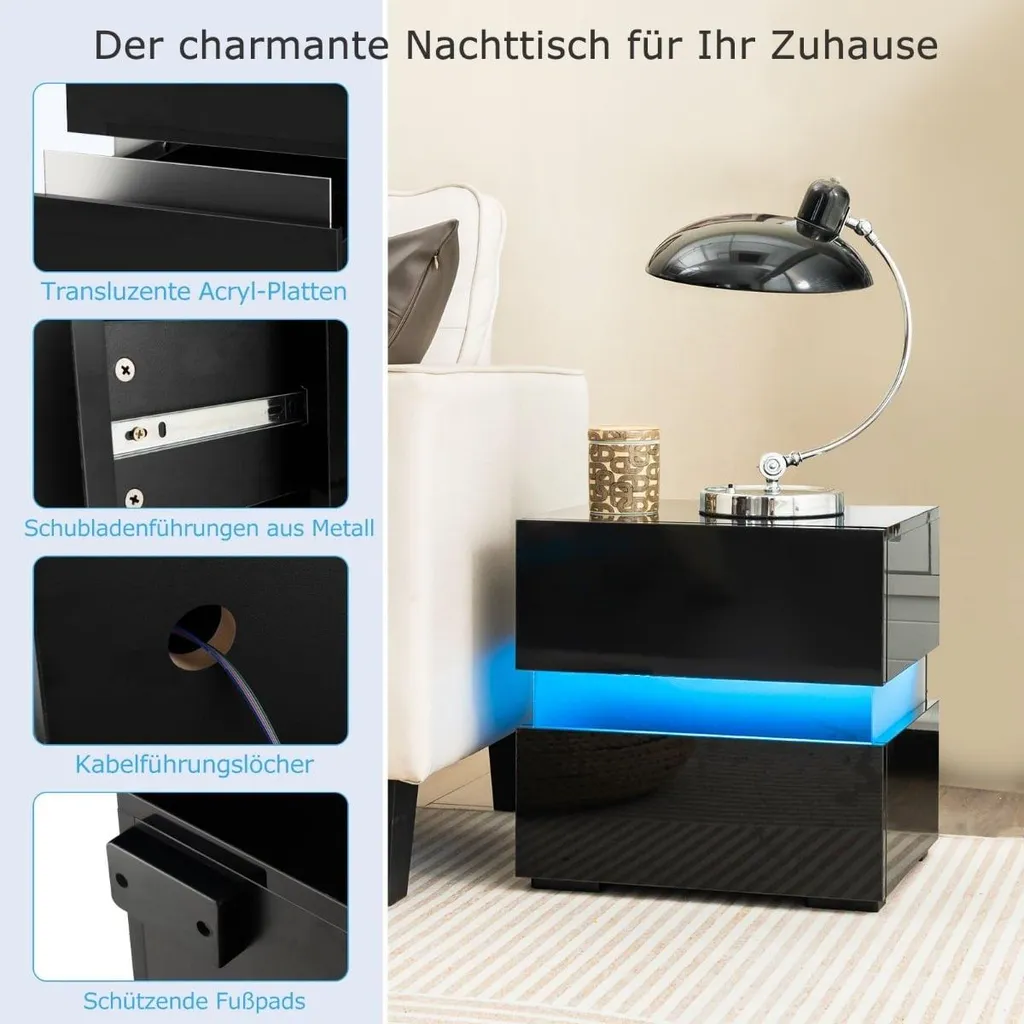 Table de chevet LED noir avec 2 tiroirs et télécommande - Modèle Nova - 5