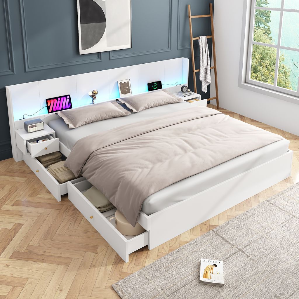 A modern white bed with LED lighting and storage drawers, set in a bedroom with a ladder and a window.