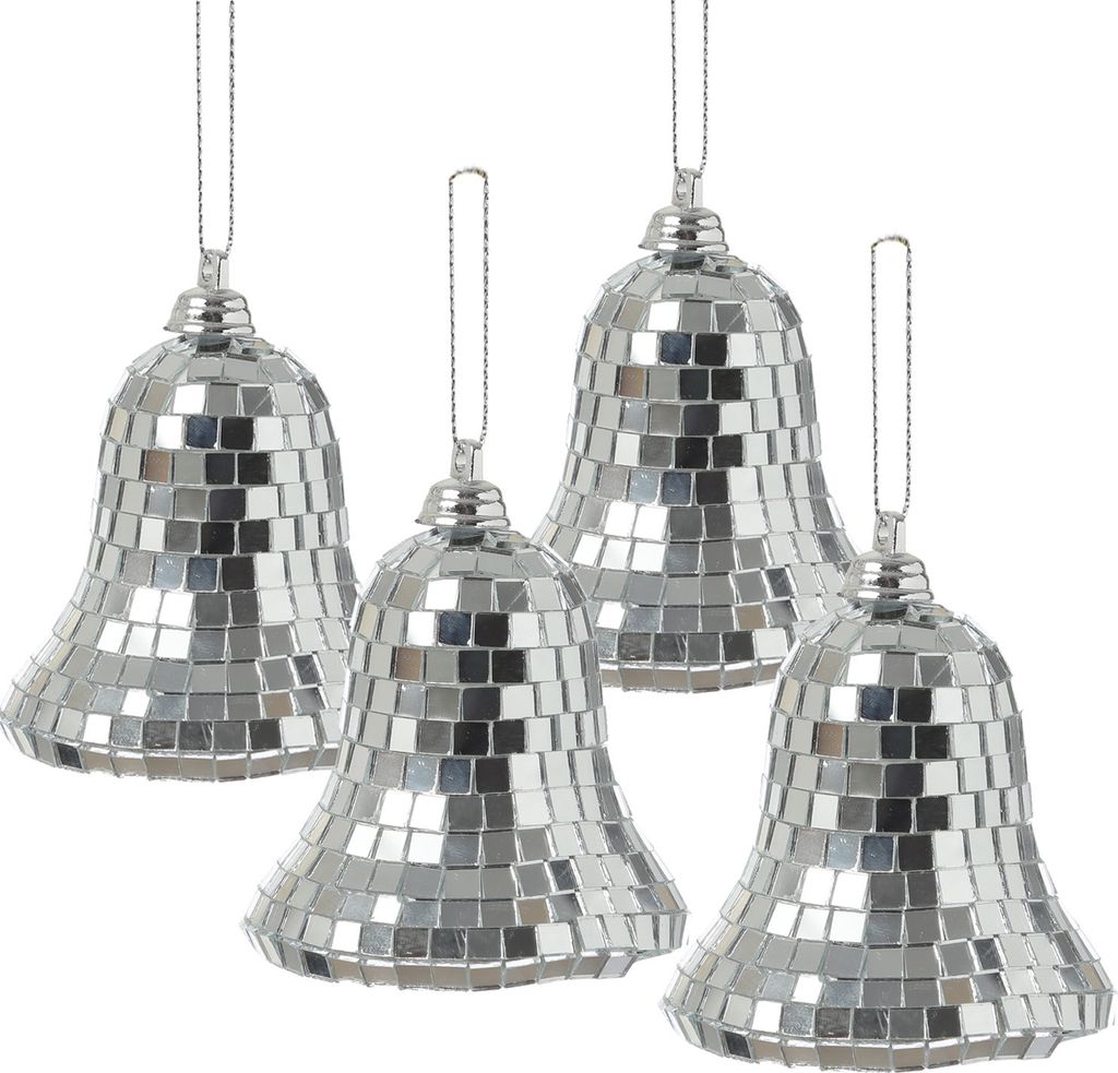 Christbaumschmuck Glocken - Weihnachtsbaumschmuck im Discokugel Look - H: 8cm - silber - 4er Set