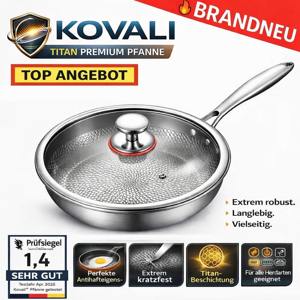 Kovali Titan Premium Pfanne Bratpfanne antihaft & kratzfest Original mit Deckel: 26cm
