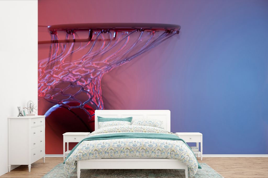 MuchoWow Fototapete für Wohnzimmer oder Schlafzimmer Wandtapete Vinyl Motivtapete Verschwommene Sicht eines Basketballs, der in den Korb fliegt ...