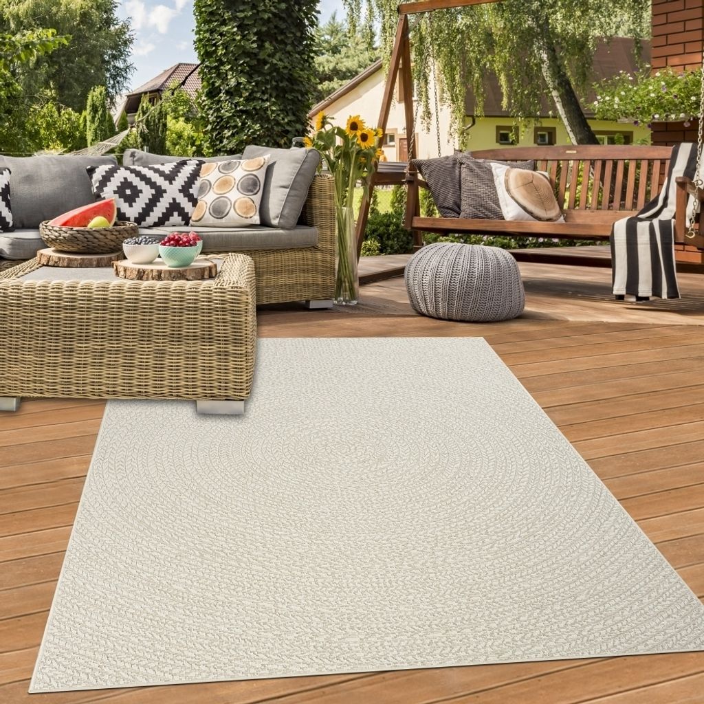 Teppich Outdoor Wohnzimmer strapazierfähig mit Kreismuster in Creme Größe - 80 cm Rund