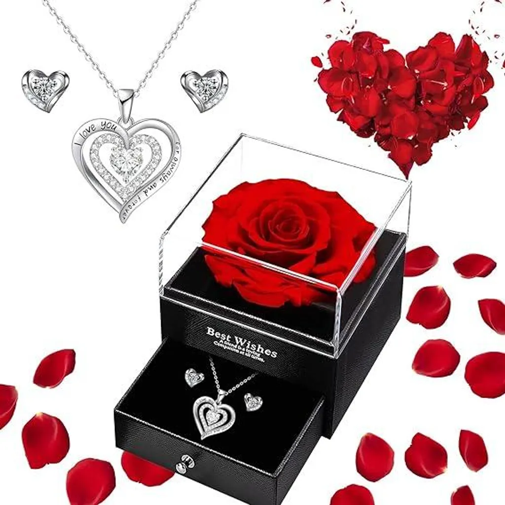 Parure bijoux femme collier argent 925 et rose éternelle sous cloche