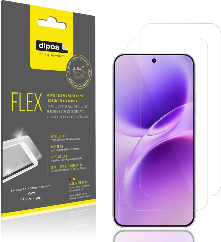 2x Schutzfolie für Vivo S50 Pro mini Folie, 100% Displayabdeckung, dipos Flex