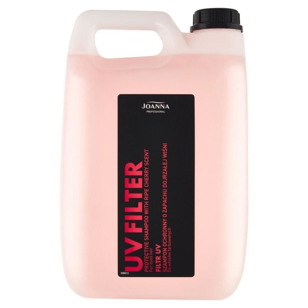 A large pink bottle of shampoo with a black label.