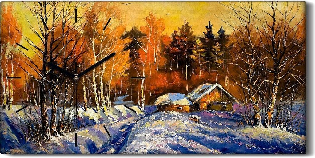 Dekor Leinwand Uhr Wandbilder Geräuschlos 60x30 Landschaft Abend im Winter dorf - schwarze Hände
