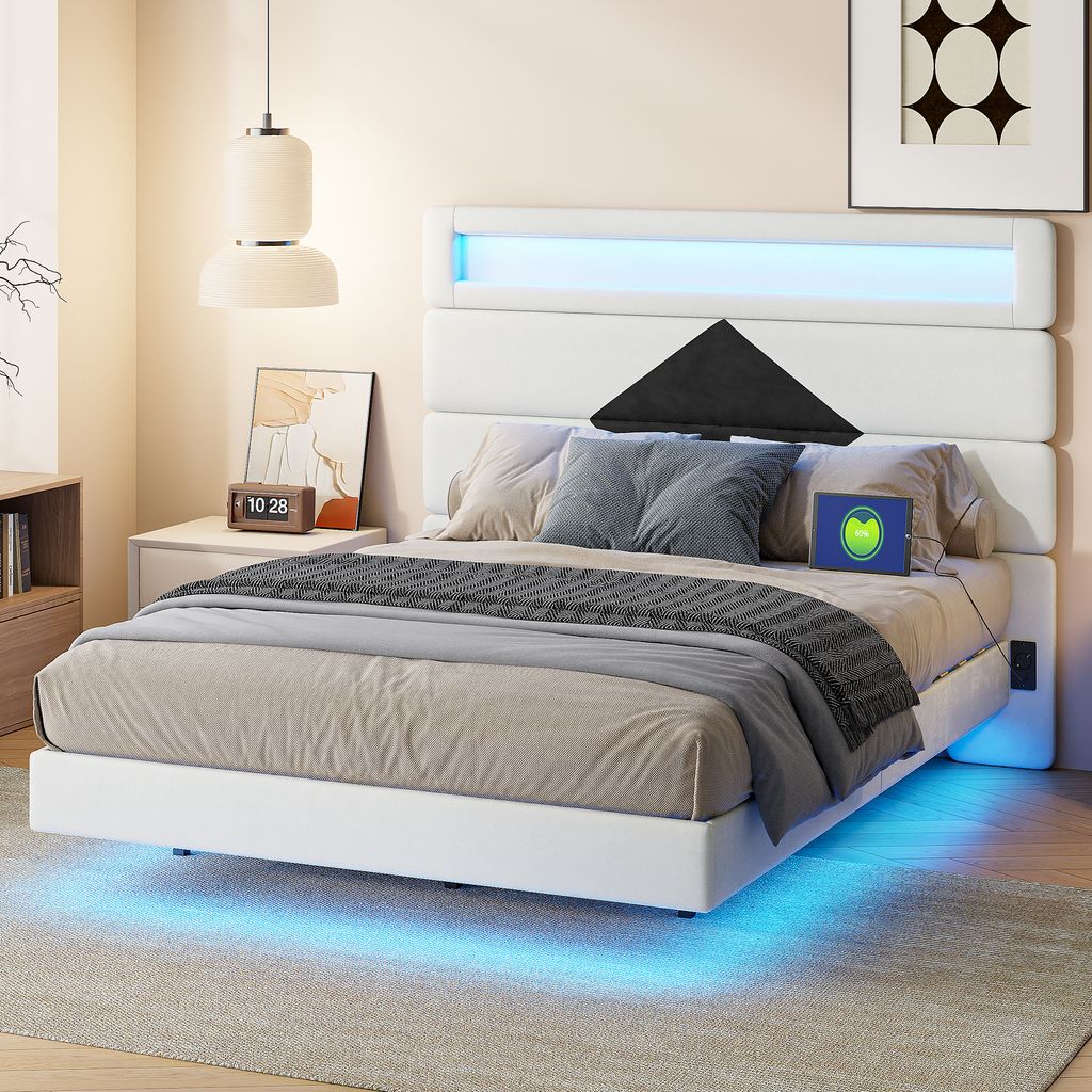 140 x 200 cm großes, schwebendes Bett mit rautenförmigem Kopfteil, USB-Anschluss und LED-Beleuchtung – Weiß