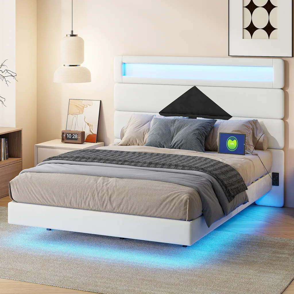 Lit coffre 140x190cm : solution de rangement avec chargeur USB et LED