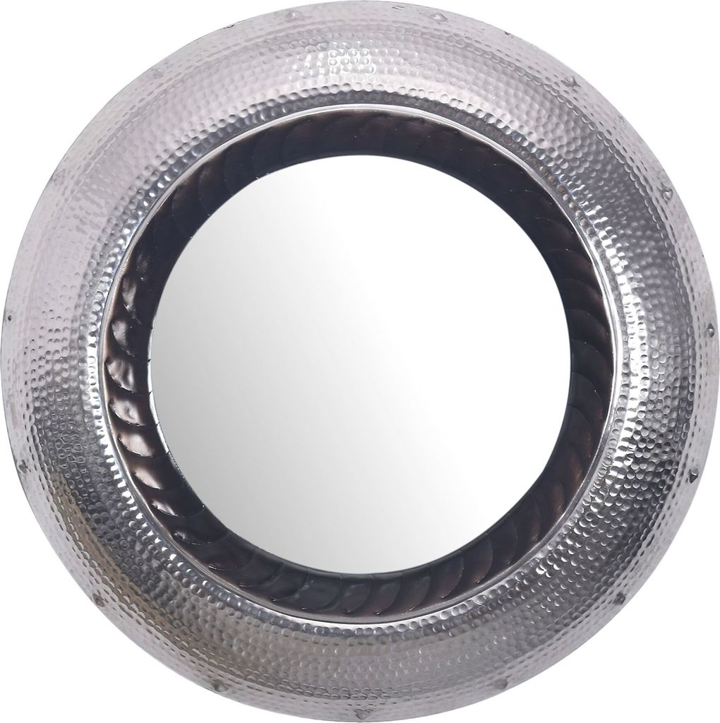 FineBuy Wandspiegel 74 cm Metall Hängespiegel Silber Aluminium Dekospiegel Rund mit Rahmen Hammerschlag Spiegel Wand Groß Flurspiegel