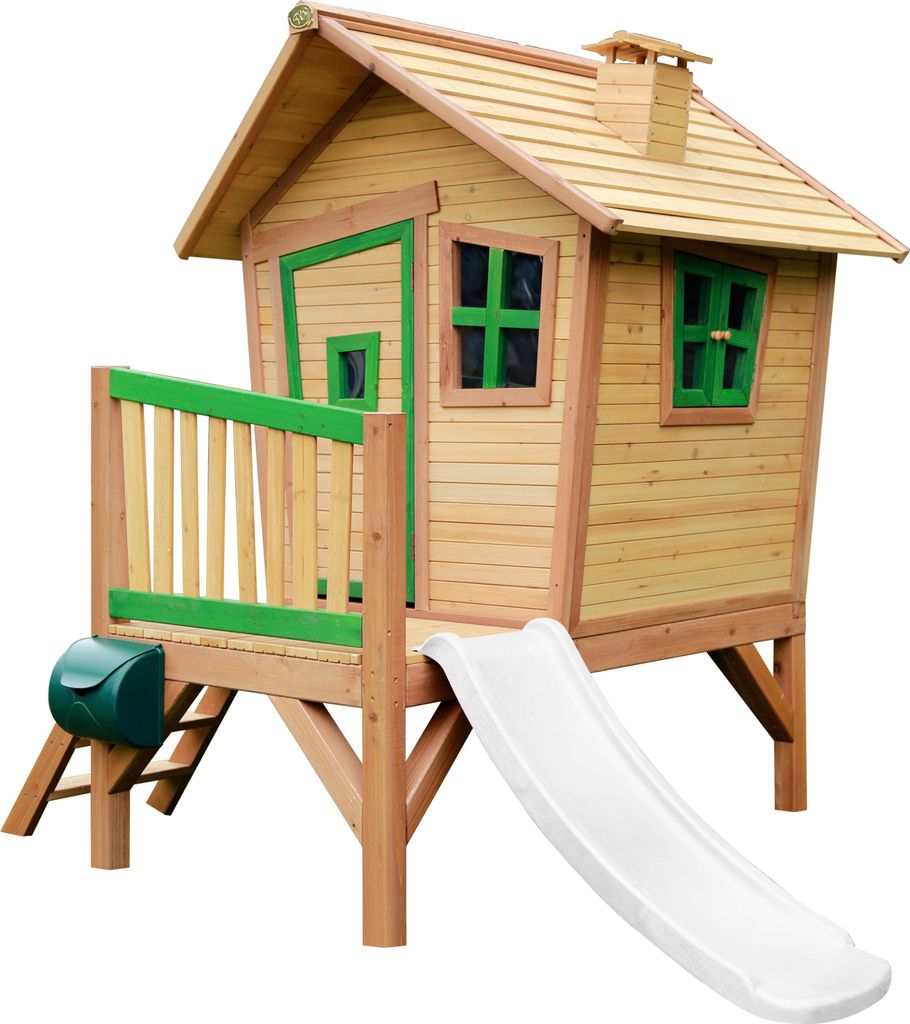 AXI Spielhaus Robin mit weißer Rutsche | Stelzenhaus in Braun & Grün aus Holz für Kinder | Spielturm für den Garten