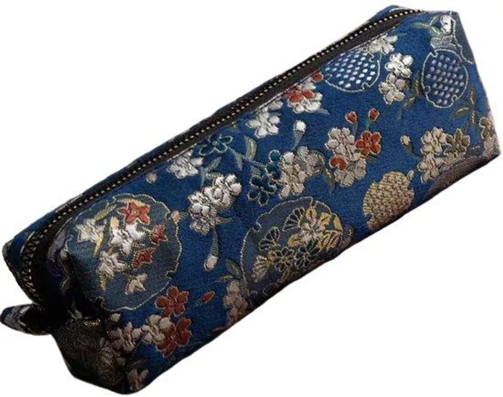 Trousse à crayons rétro bleu marine en brocart pour stylos et pinceaux