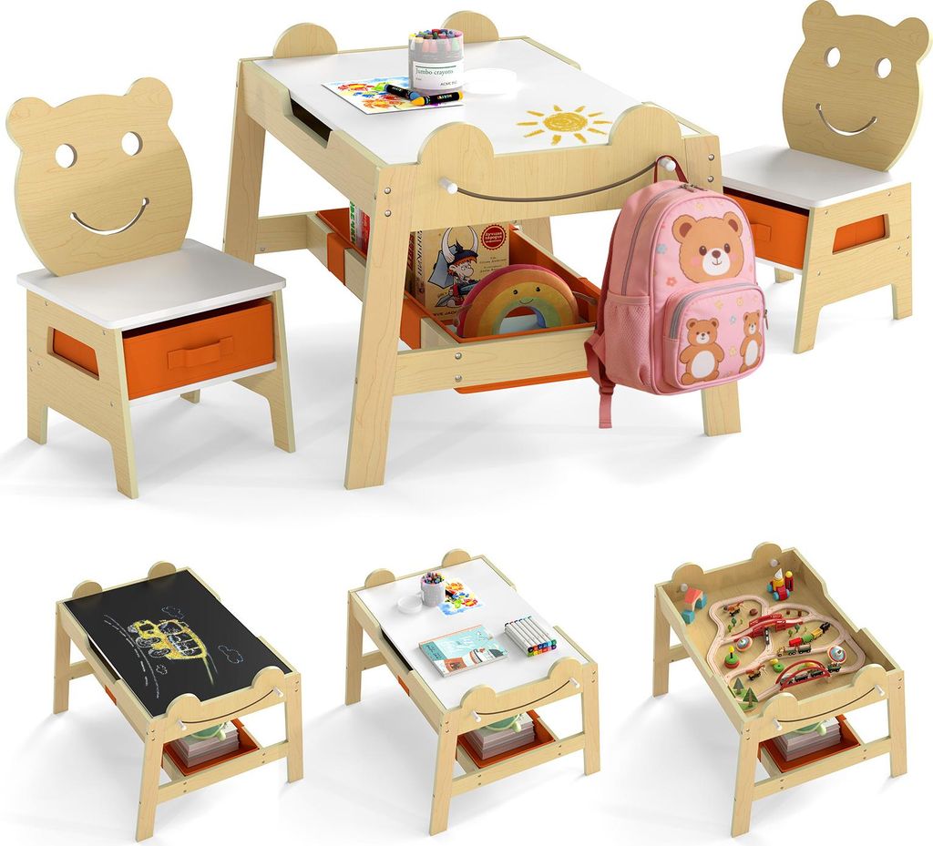 COSTWAY Kindertisch mit 2 Stühlen, Maltisch 5 in 1 mit Tafel, Whiteboard, 4 Haken & Stoffbehältern, Kindersitzgruppe für Kinder von 3-10 Jahren,...