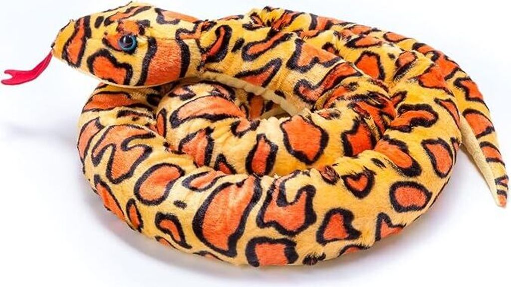 A plush toy snake coiled on a white background.