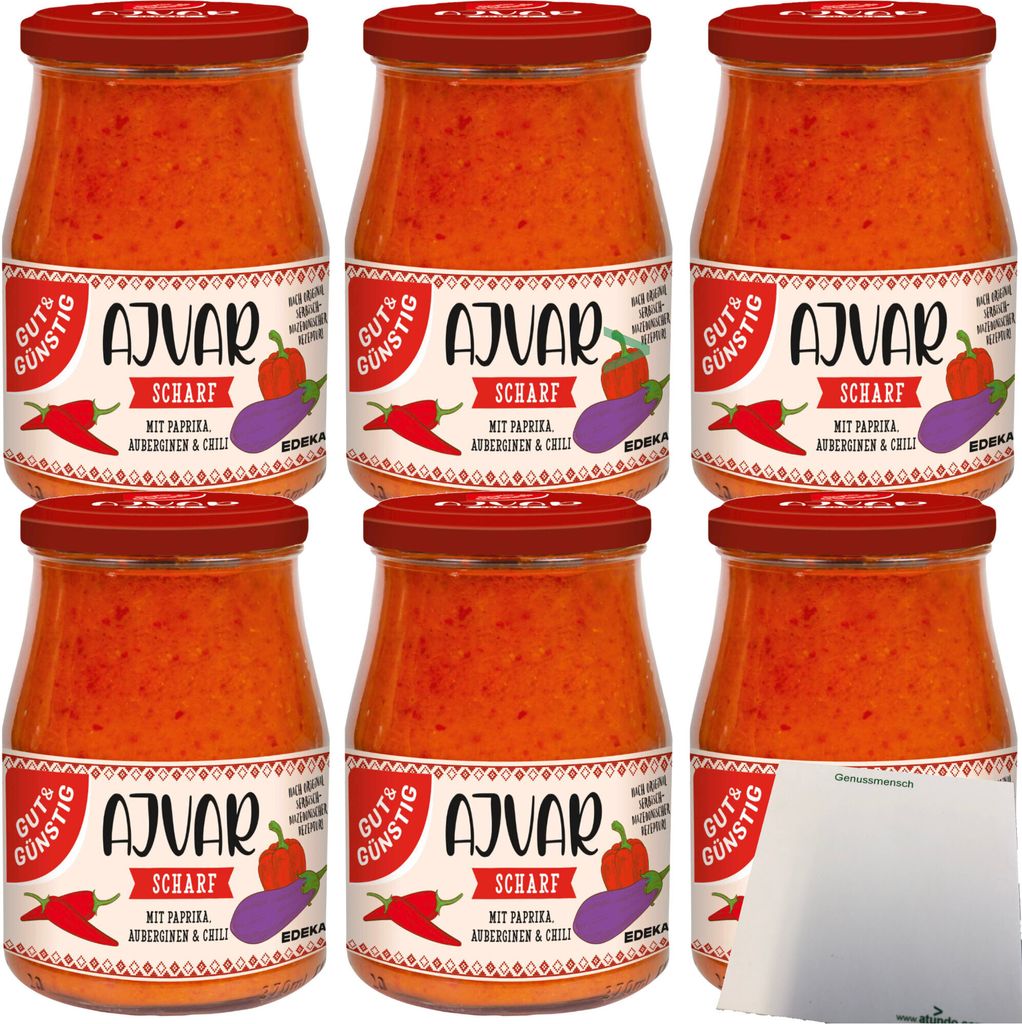 Gut & Günstig Ajvar scharf mit Paprika und Auberginen 6er Pack (6x340ml Glas) + usy Block