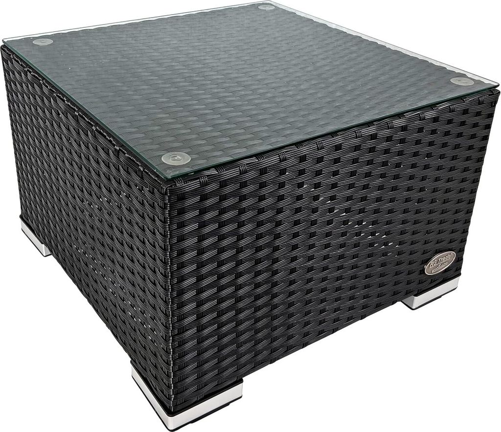 A black rattan side table with a glass top, shown from a slightly elevated angle against a white background.