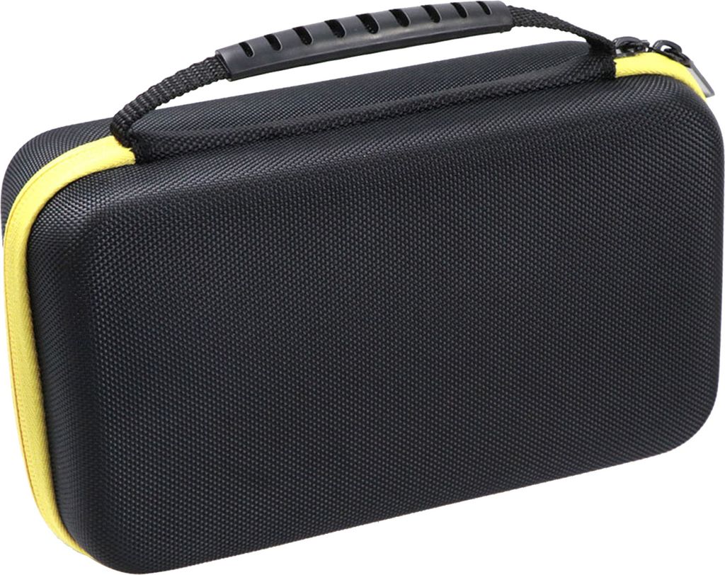 A black and yellow hard-shell storage case for a multimeter.
