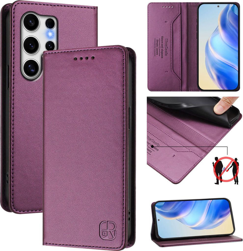 Lederhülle für Samsung Galaxy S25 Ultra Hülle Flip Brieftasche Kartenfächern Ständer Schutzhülle Lila