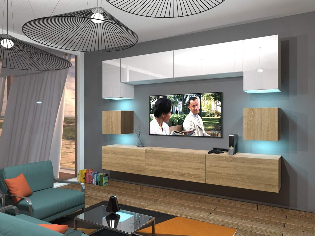 Furnitech Wohnwand Wohnzimmer - Wohnzimmer Möbel mit LED RGB - Hängend Wohnwand Modern - Wohnzimmer Schrankwand(Nowara AN1-17WS-HGM41 1A)