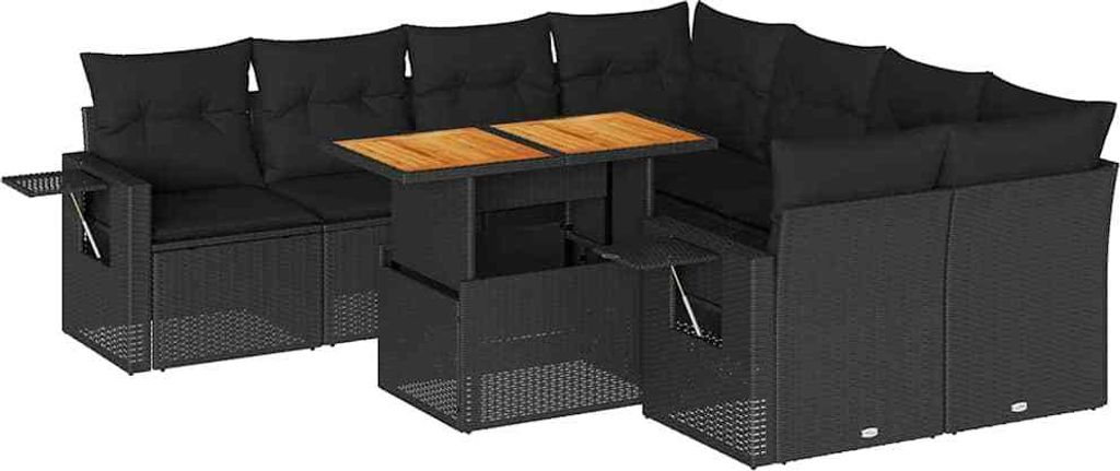 vidaXL 9-tlg. Garten-Sofagarnitur mit Kissen Schwarz Poly Rattan