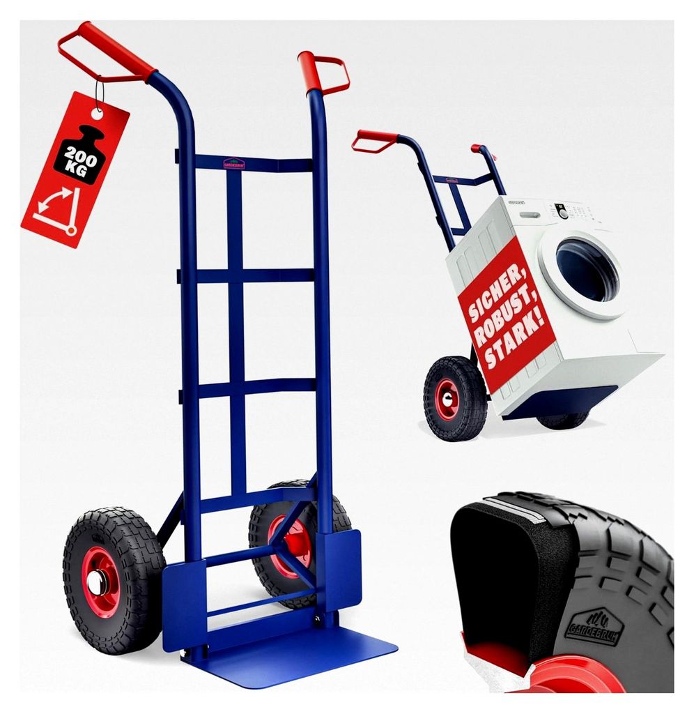 Klappbare Sackkarre 200kg mit Luftbereifung aus Stahl, Transportkarre mit Haltegriffen, Transportroller, Stapelkarre, Transportwagen, Handkarre in ...