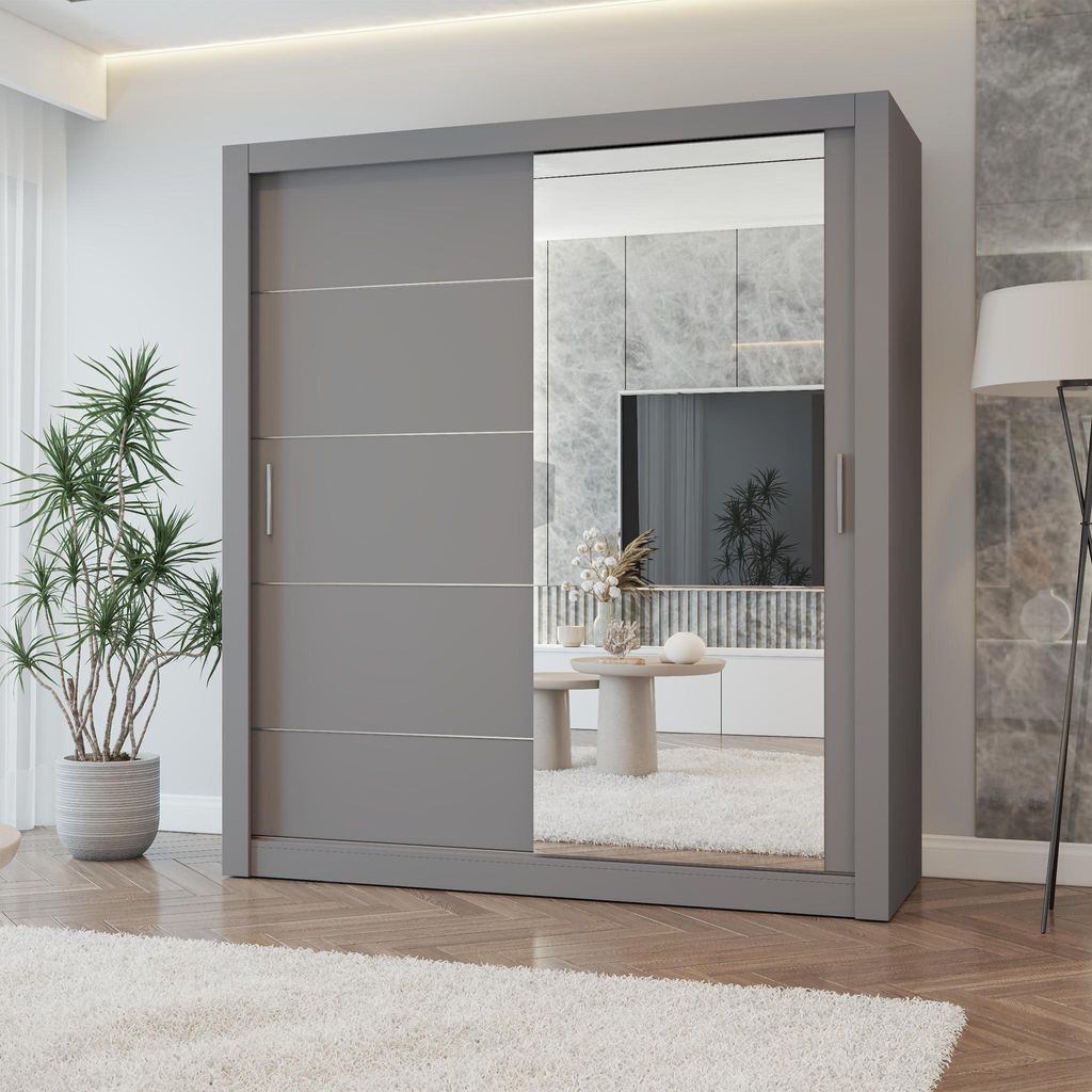 Schwebetürenschrank LION, Schlafzimmer, Kleiderschrank Schrank 180 cm Grau/Grau mit Spiegel, alufarbene PVC-Griffe