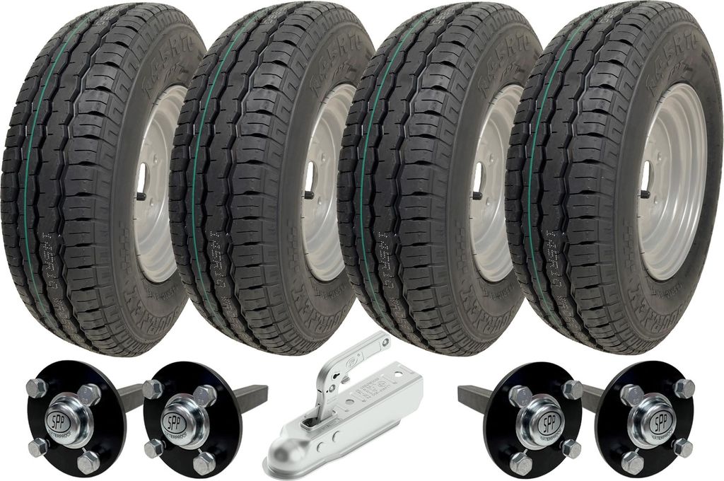 4er Set - 145x10 Wanda WR068 TRAILER WHEEL 4/100mm & Nabe & Achsstummel 4/100 M12 Radbolzen 35x35mm Hi speed & ALKO 750kg Pressed hitch