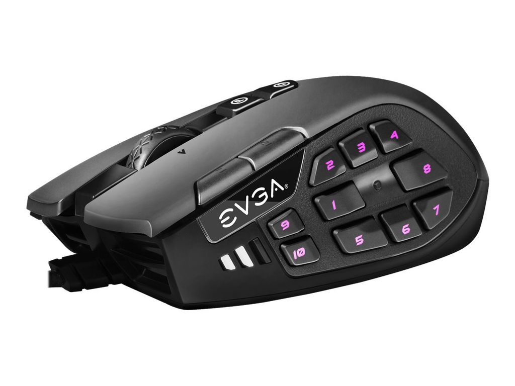 A black EVGA X15 MMO gaming mouse is shown from a side angle against a white background.