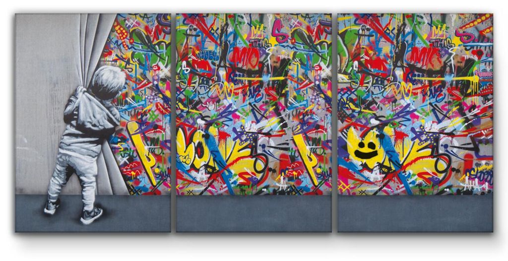 Giallobus - Kind öffnet den Vorhang - Banksy - 308x140cm | 3pz. x 100x140cm - Bild - Leinwand