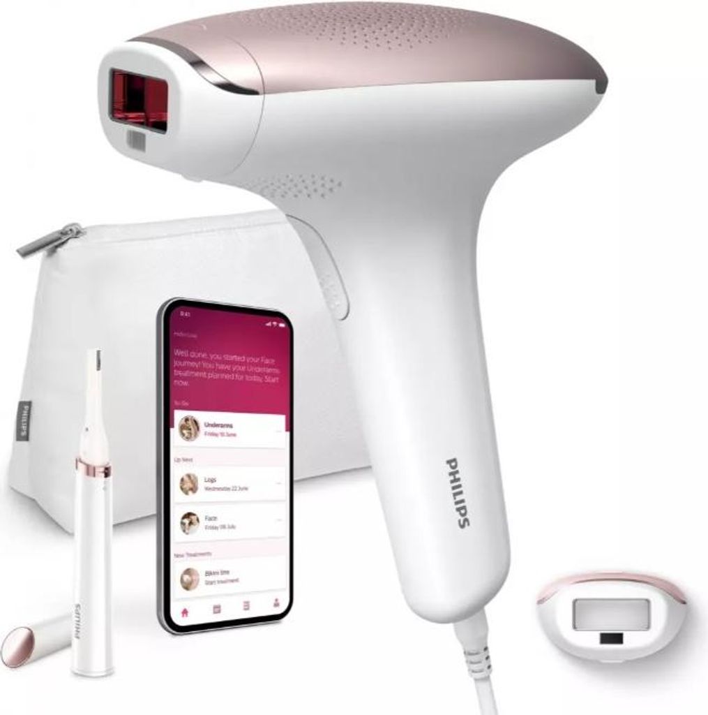 A Philips Lumea IPL hair removal device with accessories, including a smartphone app interface, a smaller attachment, and a storage pouch, displayed on a white background.