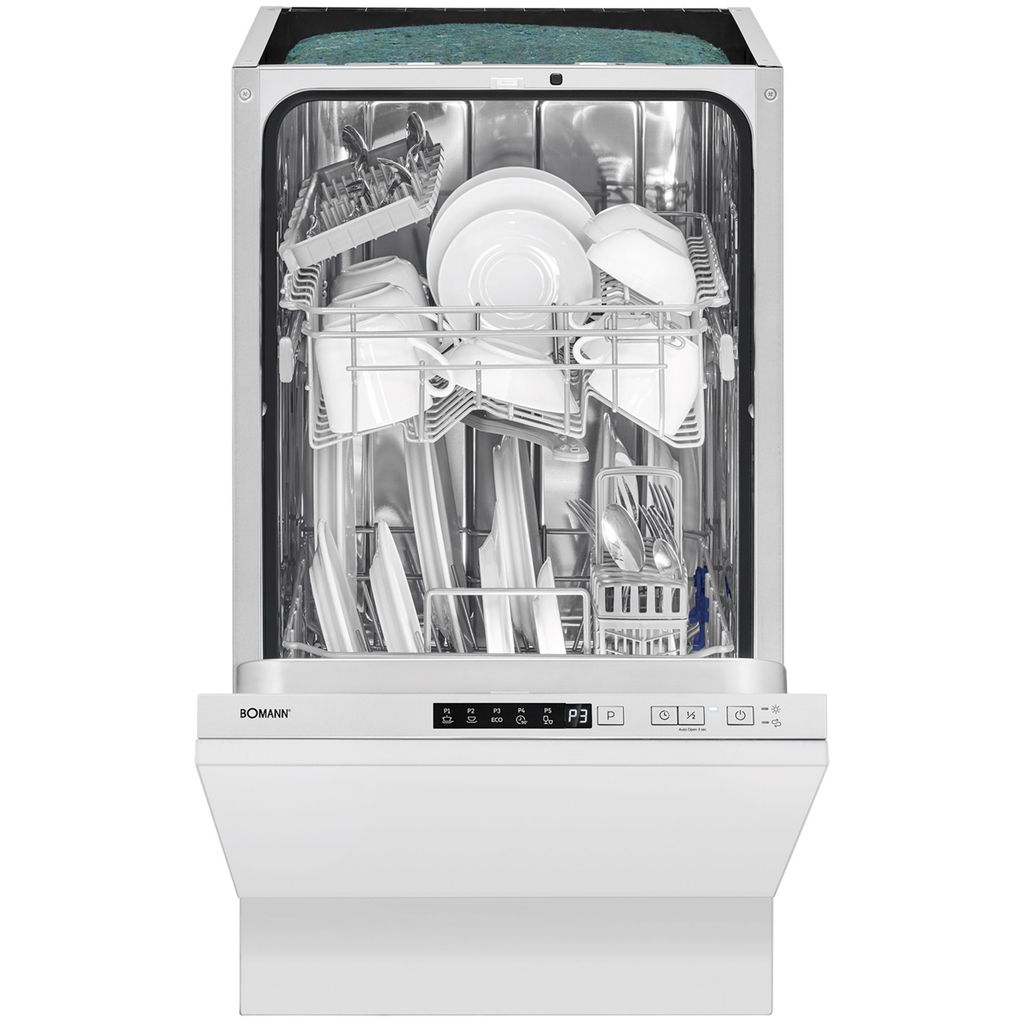 An open dishwasher filled with clean dishes.