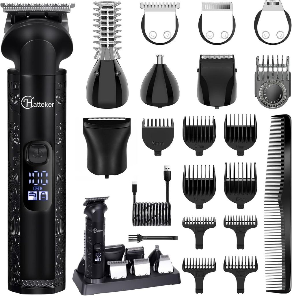 Hatteker 8-in-1 Männerpflegeset – Zero-Gap-T-Klinge Trimmer, Barttrimmer, Haarschneider, Nasen- & Ohrtrimmer, kabellos, wasserdicht, elektrisch