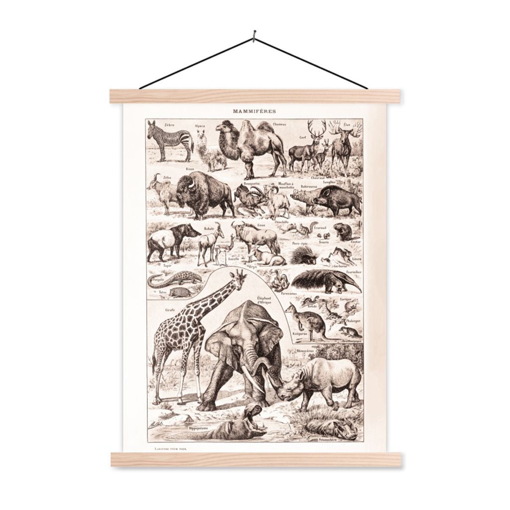 MuchoWow Textilposter Tiere - Elefant - Schwarz - Weiß 40x53 cm mit holzfarbenen Rahmen - Schlafzimmer