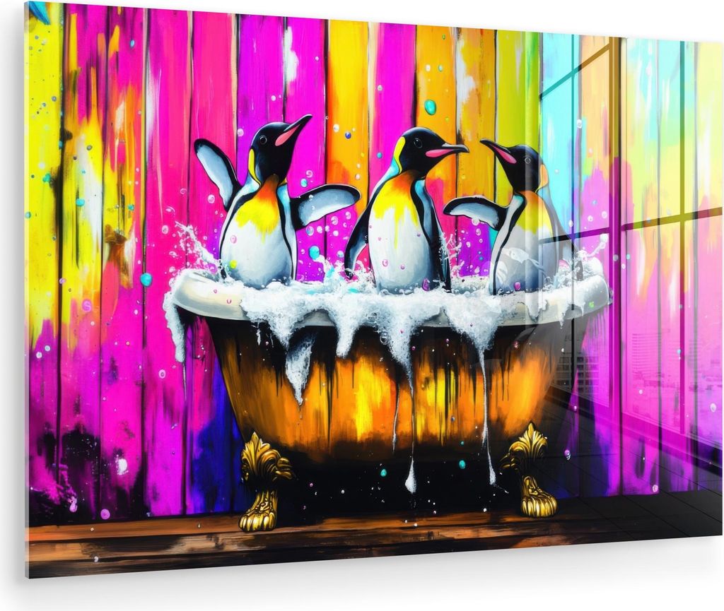 MuchoWow Glasbilder - Bilder auf Wandbild - Foto auf Glas Pinguine - Badewanne - Bunt - Schaumstoff 30x20 cm Wanddekoration aus Glas - Acrylglasbil...