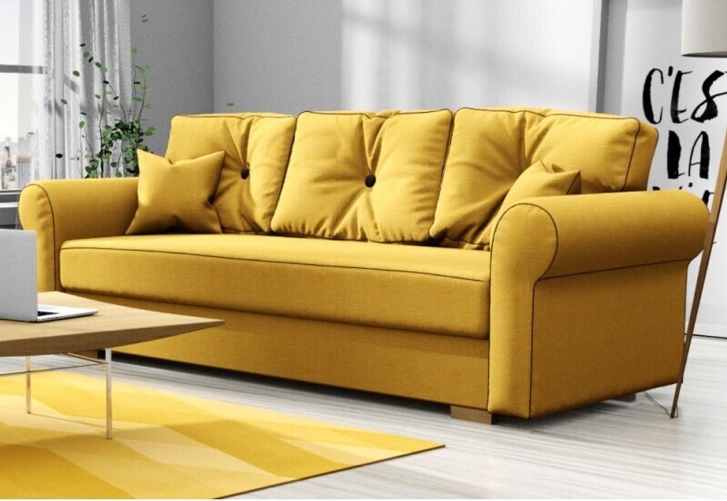 Schlafsofa TOP, Sofa mit Schlaffunktion und Bettkasten, Klappsofa, Schlafcouch mit braunen Knöpfen, Couch in Frabe: Gelb, Material: Strukturstoff