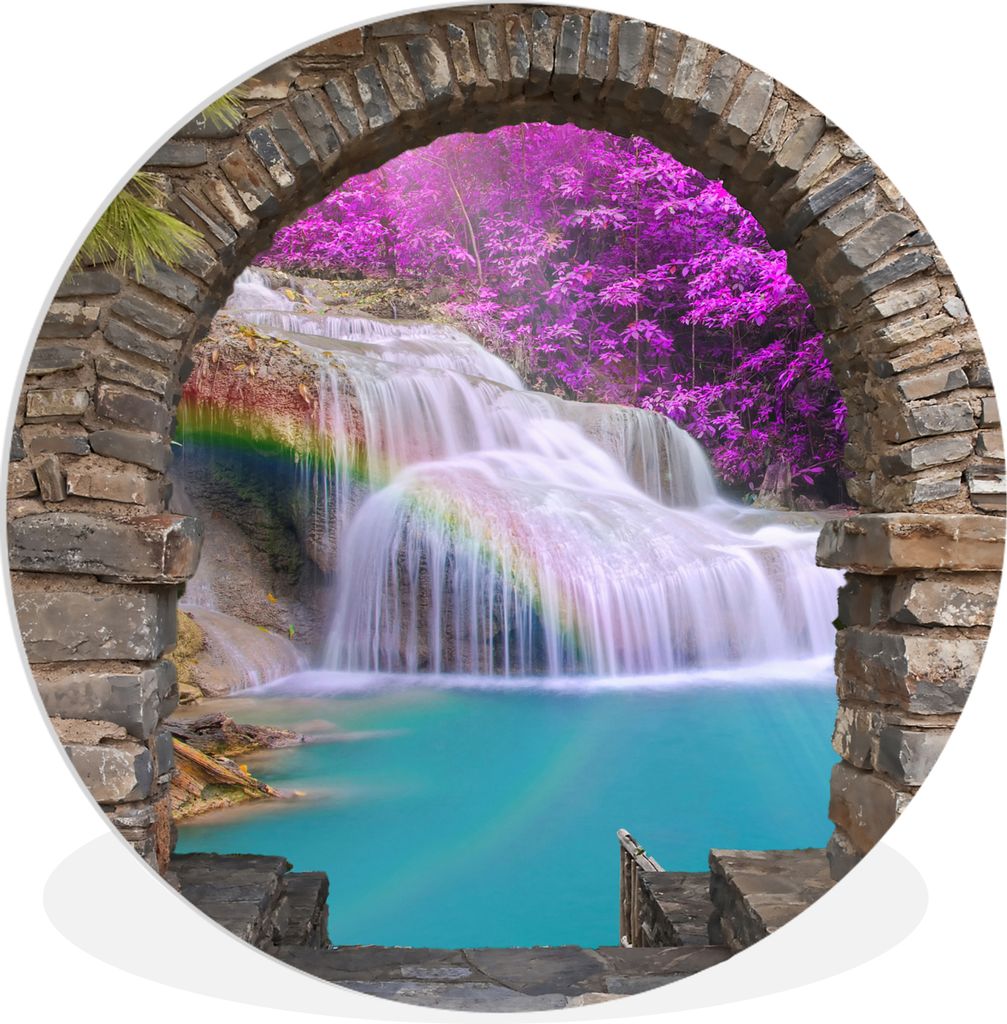 MuchoWow Rundes Wandbild - Runde Bilder Blumen - Regenbogen - Wasserfall - Ausblick Ø 30 cm Kreis Wanddekoration Kunststoff - Wandkreis - Wandsc...