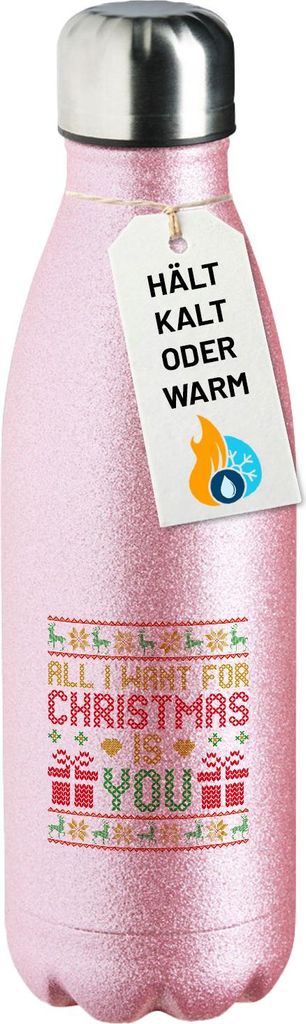 Huuraa Trinkflasche Ugly Christmas All I want is you 500ml Pink Edelstahl Wasserflasche Trinkflasche Geschenkidee