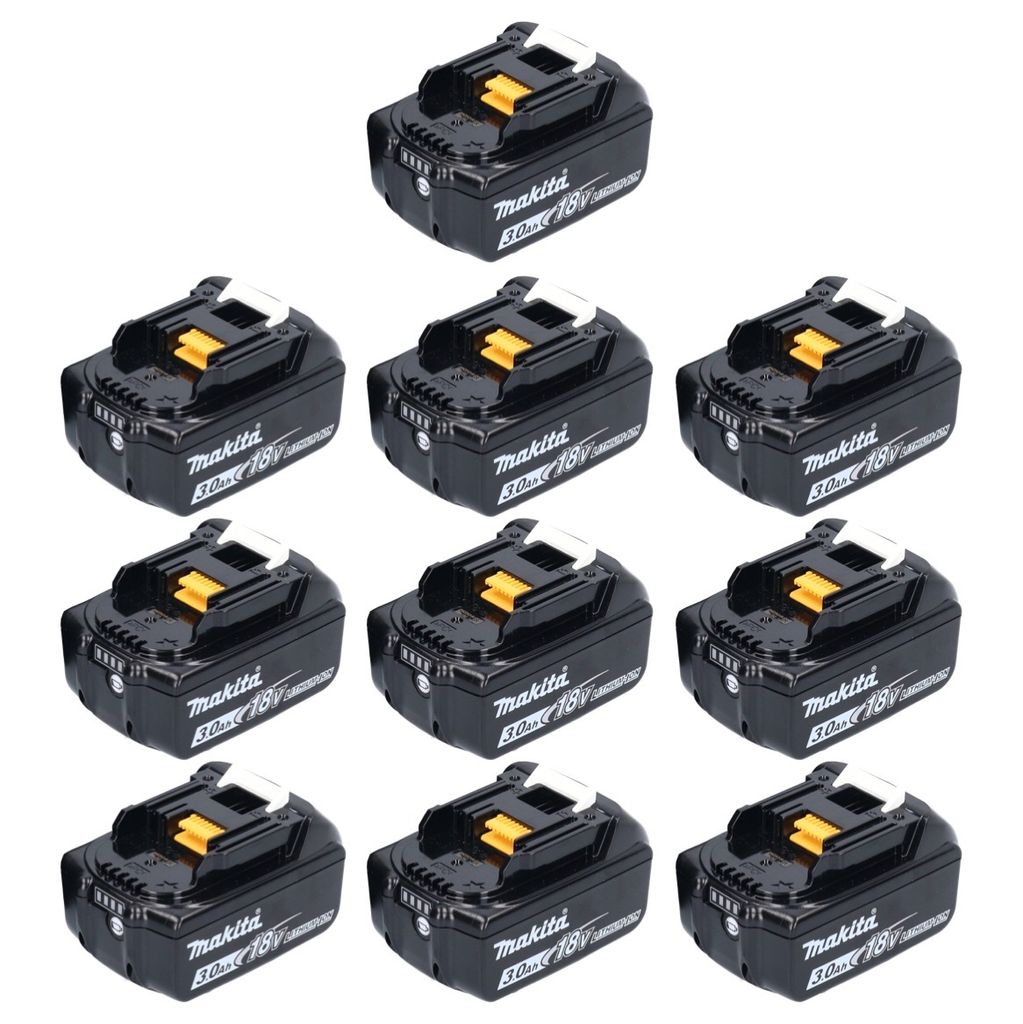 A collection of Makita 18V Li-Ion LXT 3.0 Ah batteries.