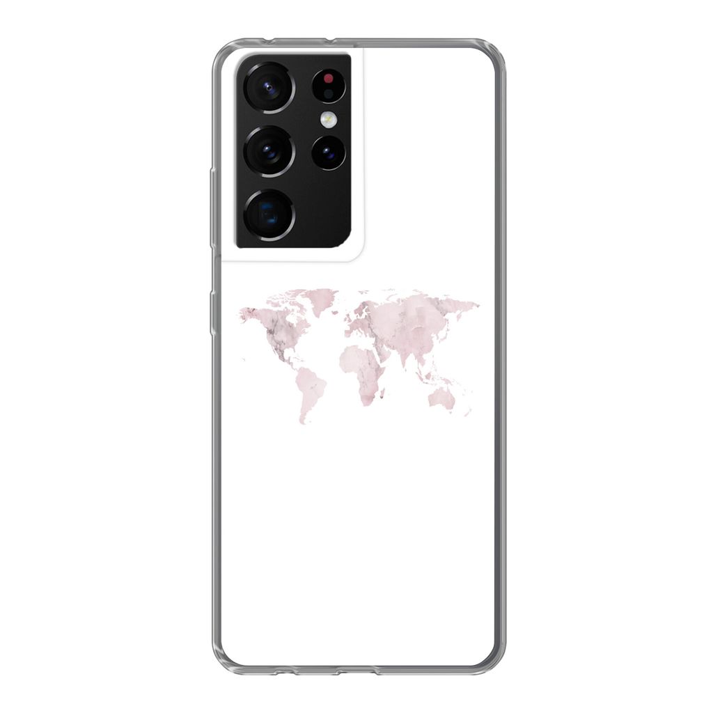 MuchoWow Handyhülle Schutzhülle Hülle für Samsung Galaxy S21 Ultra Weltkarte - Marmor - Rosa Silikon Softcase Handy Hülle - Mobiltelefon