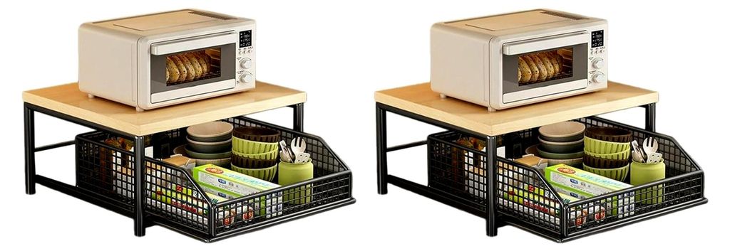 2X Platzsparender Küchenarbeitsplatten-Organizer mit Schublade und Drahtkorb - Hartholzregal für Kaffeemaschine. Schwarz