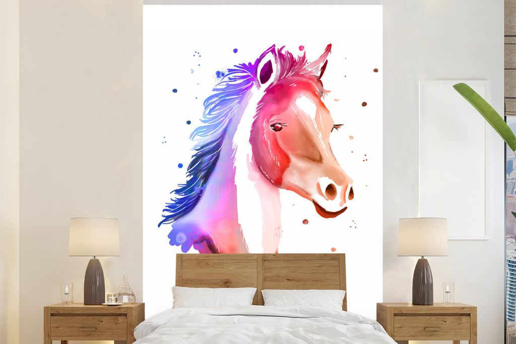 MuchoWow Fototapete für Wohnzimmer oder Schlafzimmer Wandtapete Vinyl Motivtapete Pferd - Rosa - Blau - Mädchen - Kinder - Mädchen - 155x240 c...