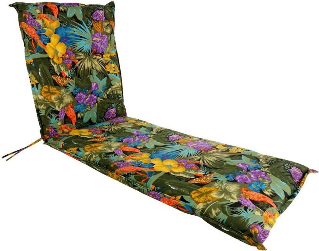 A chaise lounge cushion with a tropical floral pattern is shown against a white background.