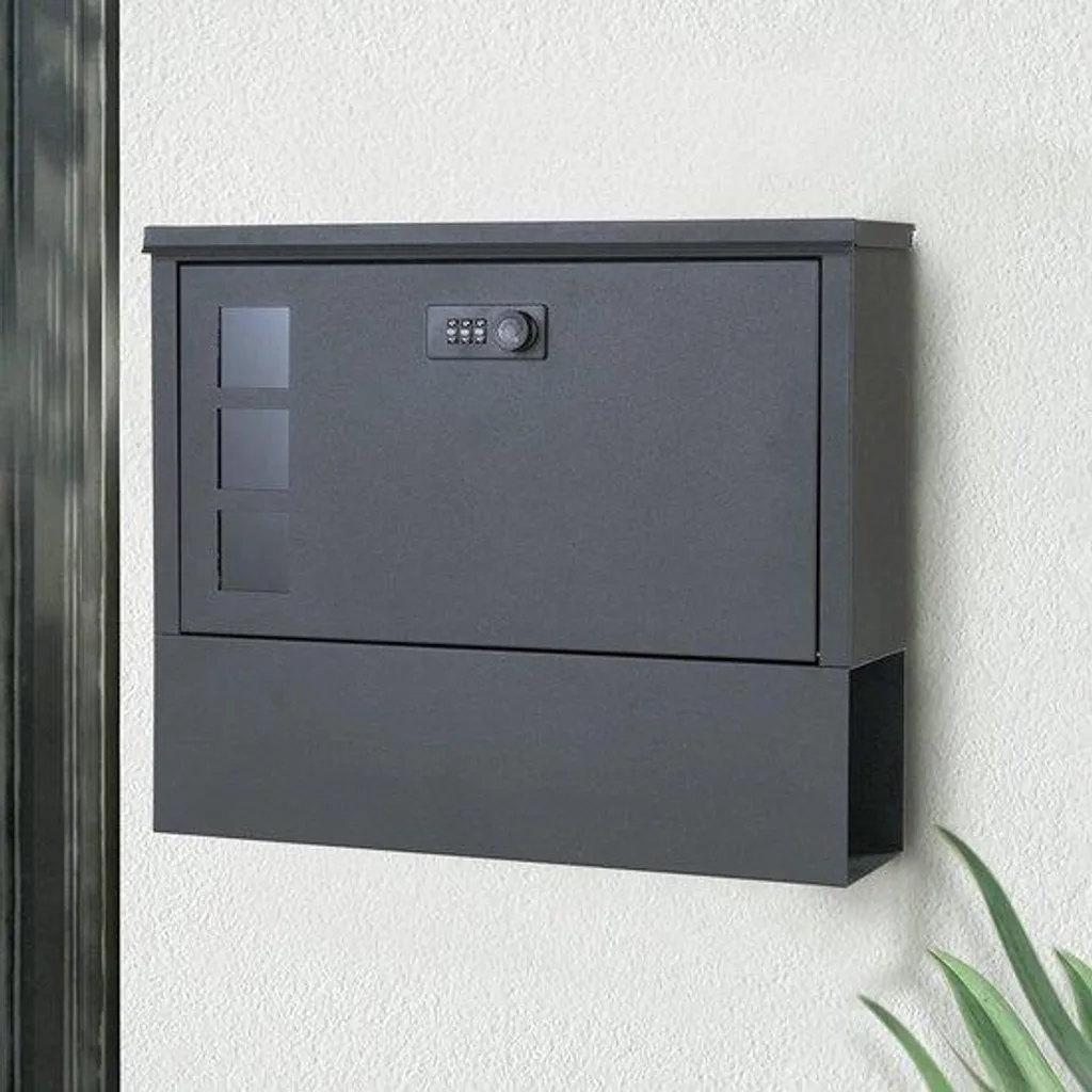 Boîte aux lettres moderne noire avec compartiment journaux et serrure