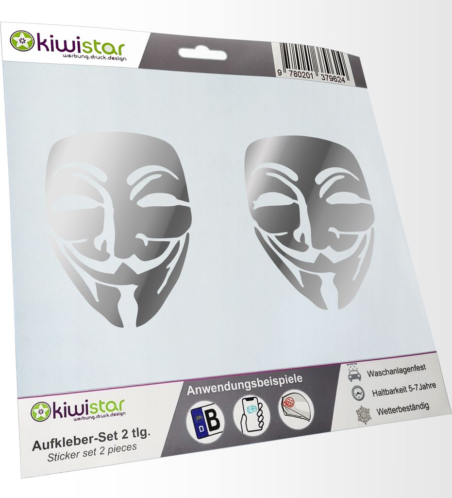 Kiwistar - 2x Kennzeichenaufkleber - chrom - 21 mm Anonymous Maske Aufkleber für Auto, Laptop, Fahrrad, LKW, Motorrad Mehrfarbig JDM Decal Racing