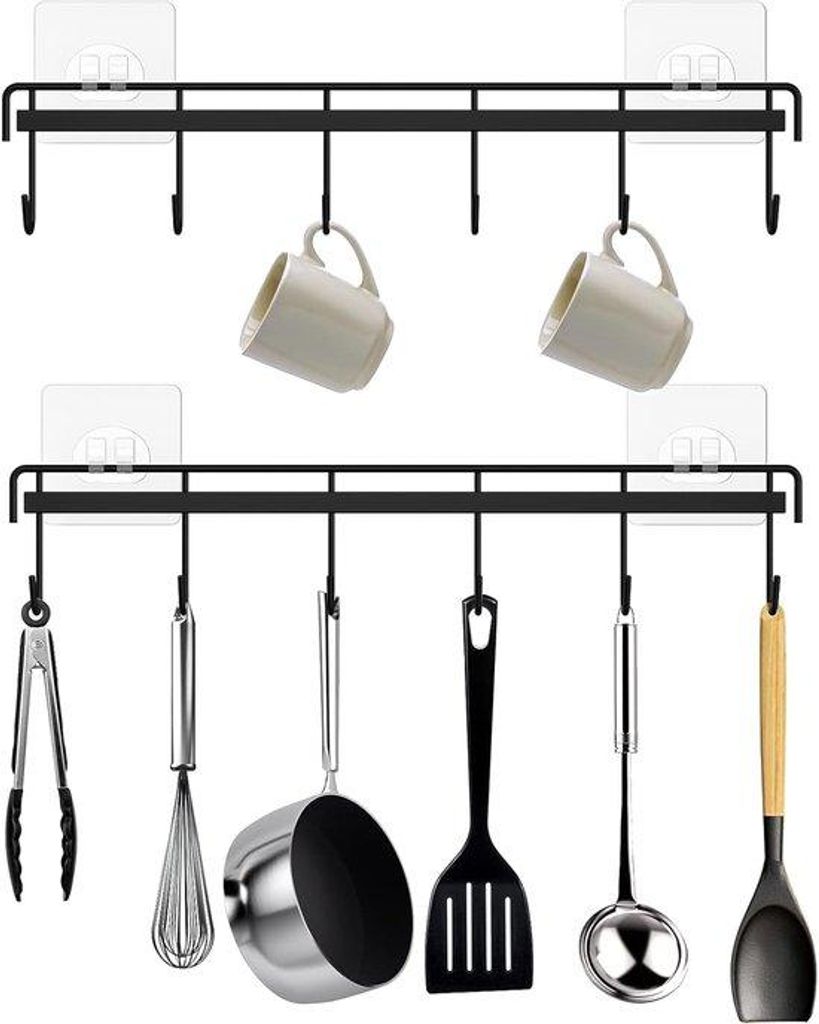 Küchenhaken, selbstklebender Besteckhalter, Wandmontage Küchenregal mit 12 Haken, schwarz, 2 Stück