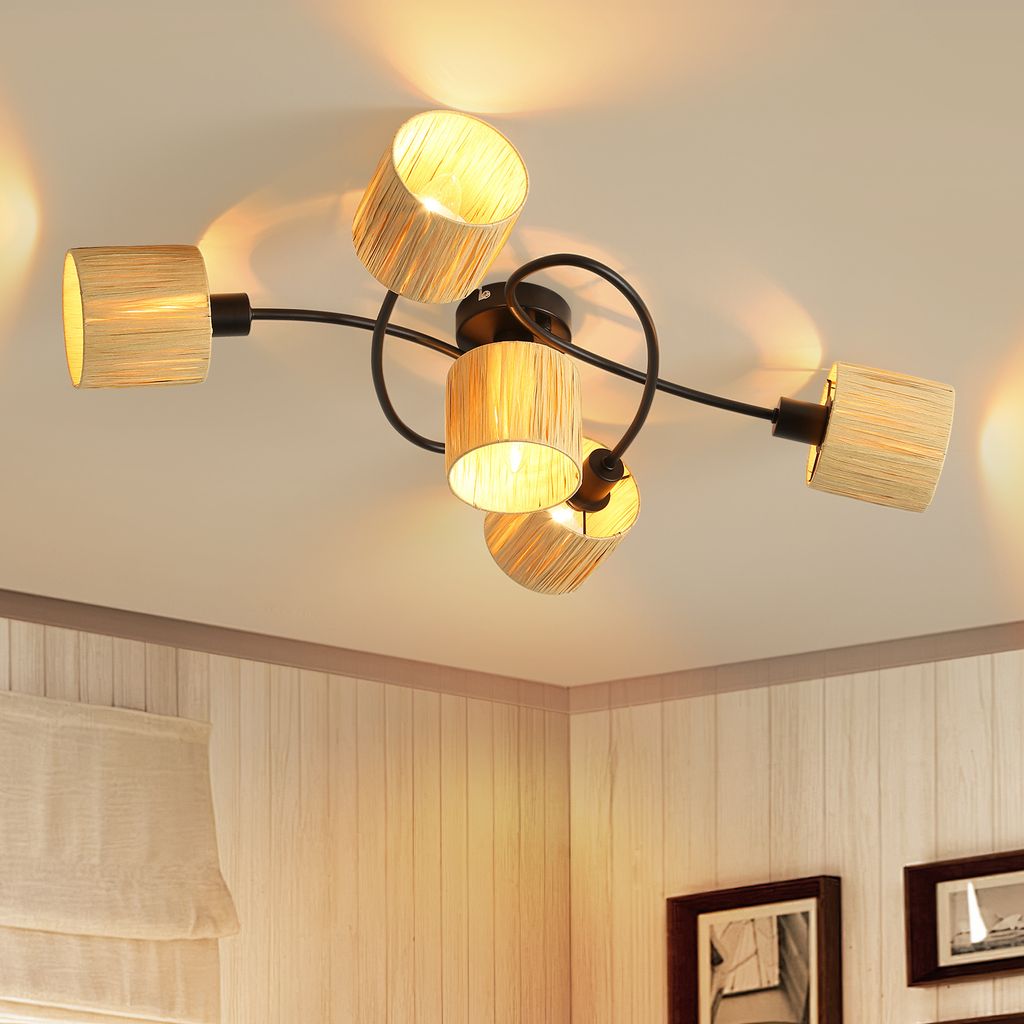 ZMH Deckenstrahler 5 Flammig Deckenleuchte Wohnzimmer Deckenspots Vintage Schwarz Natürlich Strahler Innen Umgeben DesignDeckenlampe E14 Papier Sp...