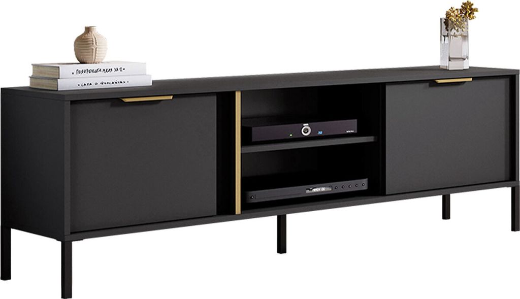 MIRJAN24 TV-Lowboard Lars 153 2D, TV-Tisch mit 2 Türen, Metallfüße und Griffe (Farbe: Anthrazit / Anthrazit + Gold)