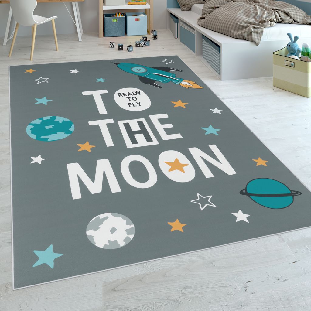 Kinderteppich, Spielteppich Für Kinderzimmer, Mit Raketen-Motiv Und Spruch, Grau Grösse 160x230 cm