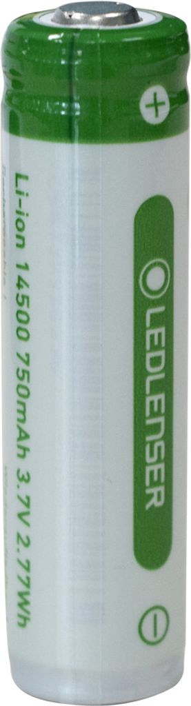 A single Ledlenser 14500 Li-Ion battery is shown vertically against a white background.